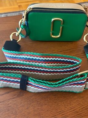Marc Jacobs Green Snapshot Camera Bag with Multicolor Striped Strap
